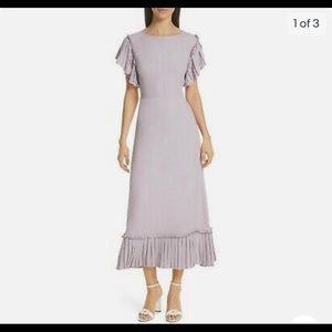 Kate Spade New York Iced Grape Purple Pleated Ruffle Trim Crepe MIDI Dress